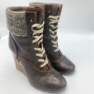 Chloe Leather Wedge Boots Socks Brown Lace Up 38.5 38 1/2 8.5 Winter Fall